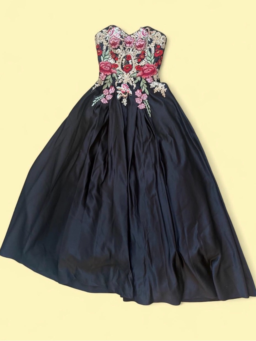 Blondie Nites Floral Embroidered Strapless Black Evening Gown